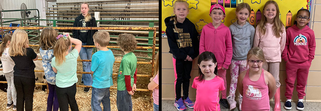 Group of students at a farm, and a group of students wearing pink