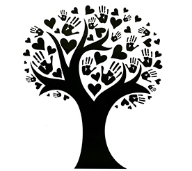 Drawing of a tree with hearts and handprints
